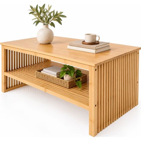 Relaxdays table basse, lattes, H x L x P : 46 x 98 x 55 cm, bambou, salon, patins en feutre, rangement, nature (1/5)