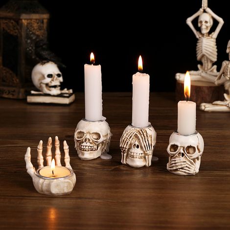 Kerzenhalter in Form einer Skeletthand, Teelicht aus Kunstharz, gotische Dekoration, Vintage-Totenkopf-Halter für Schlafzimmer, Wohnzimmer, Halloween. (1/4)