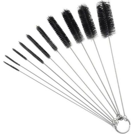 Set de 10 brosses à goulot long nettoyage bouteille bébé bouilloire théière nylon noir blanc 2-24 mm 21 cm avec anneau amovible (1/4)
