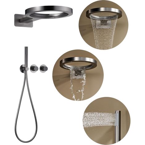 Colonne de Douche Encastrable Forme d'anneau, Ensemble de Douche Encastré Colonne Douche avec 36cm Anneau Tête de Douche, Douchette, Système de Douche, Mitigeur Douche Corps en Laiton (Gris) (1/5)