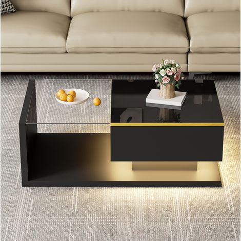 Mesa de centro 90x50x32.5 cm negra en aglomerado con vidrio templado y LED regulable (1/5)