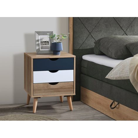 Lot de 2 tables de chevet avec 3 tiroirs - Coloris : Naturel, blanc et bleu marine - LURVIA (1/4)