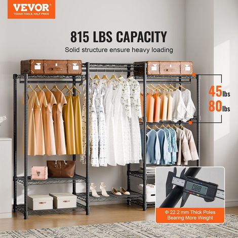 Portant à vêtements industriel robuste sur roulettes, 4 tringles et 8 étagères, dressing modulable, armoire libre pour pendre habits, charge 362,9 kg (1/5)