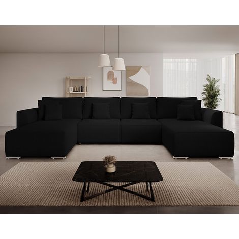 Bestmobilier – Canapé panoramique en U 7 places convertible avec coffre de rangement – Tissu texturé noir – Dossier rabattable pour couchage occasionnel (1/5)