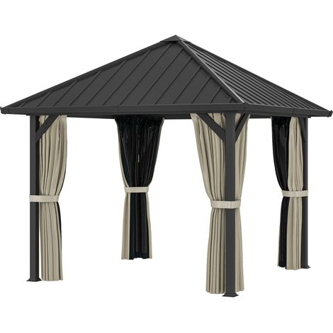 Kiosque toit dur 3x3 m tente jardin imperméable toit métallique filet murs latéraux gris foncé