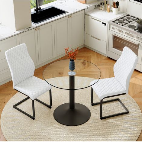 Mesa de comedor con 2 sillas (85x85x76 cm), tablero de vidrio templado, respaldo alto, estructura de metal, PU blanco (1/5)