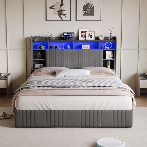 Cama 140x200 cm con 4 cajones y luz LED, Cama para 2 personas 140x200 cm, Cama doble 140x200 cm, Somier de lamas, Tela de lino (1/5)
