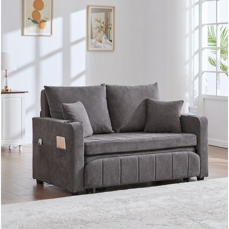 Canapé convertible 139x83x58 cm gris en chenille avec poches de rangement, USB et porte-gobelets (1/5)