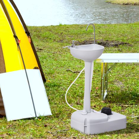 Évier de camping portable sur roues, station lavage avec distributeur de savon et porte-serviettes, gris, lavabo mobile extérieur