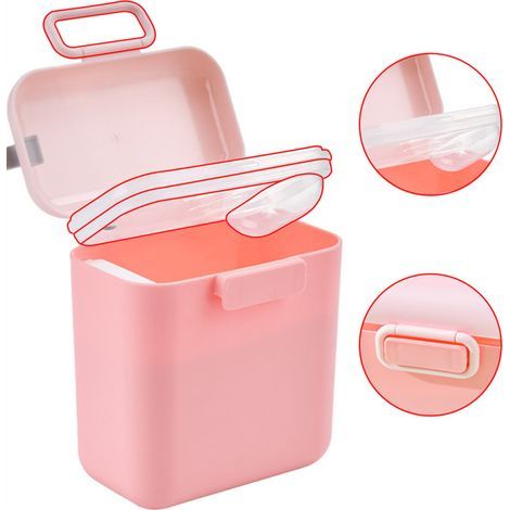 Caja de leche en polvo para bebés, dispensador de leche en polvo para bebés de 400 g, con cuchara medidora y nivelador, recipiente hermético para alimentos, libre de BPA (rosa) (1/5)