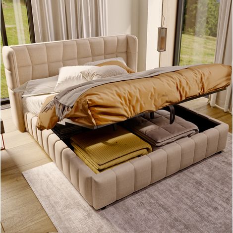 Cama tapizada moderna 180x200 cm con almacenaje, cabecero ancho, somier de láminas metálico, beige (1/5)