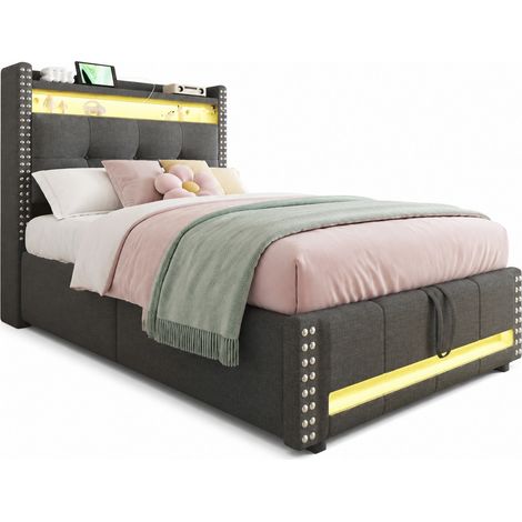 Lit capitonné enfant 90x200 cm avec LED multicolore, USB, tête de lit avec rangements et coffre hydraulique, tissu lin gris moderne pour chambre bien organisée - CHICFURN (1/5)