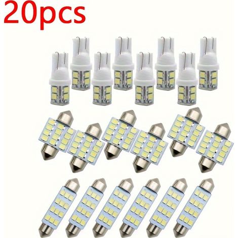 Lot de 20 ampoules LED pour automobile : Veilleuses T10, plafonniers/liseuses festons, feux de recul, feux auxiliaires blancs.