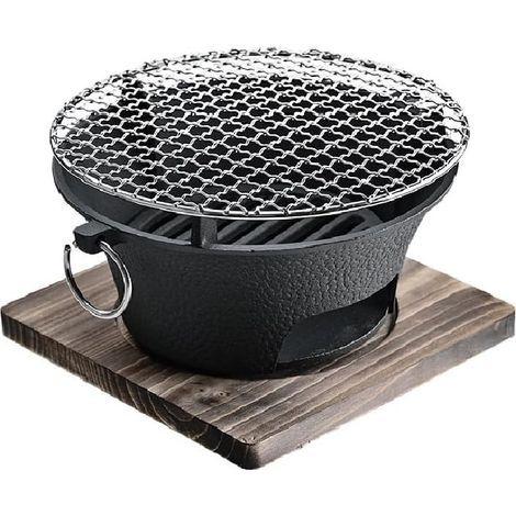 Poêle à charbon en fonte,barbecue de table au charbon de bois,barbecue portable avec grille en maille métallique et base en bois, barbecue de cuisine de camping(28CM) (1/5)