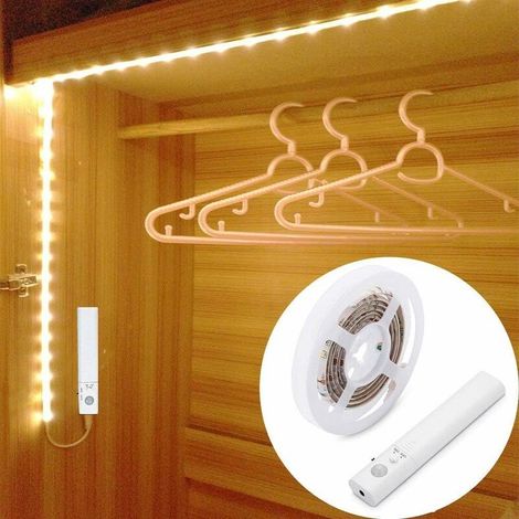 Lampe de placard, ruban lumineux LED 60 LED 2 m, veilleuse à détecteur de mouvement pour dressing/vestiaire/escalier/couloir, fonctionne sur piles
