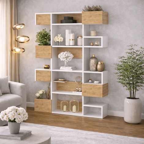 Modernes Bücherregal mit asymmetrischen Fächern, weiße Eiche,