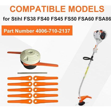 Tête de débroussailleuse PolyCut 6-2 (4006-710-2137) avec 10 lames et tige de montage, compatible avec les modèles Stihl FS38, FS40, FS45, FS50, FSA60 et FSA86, système de coupe à double lame pour pel (1/4)