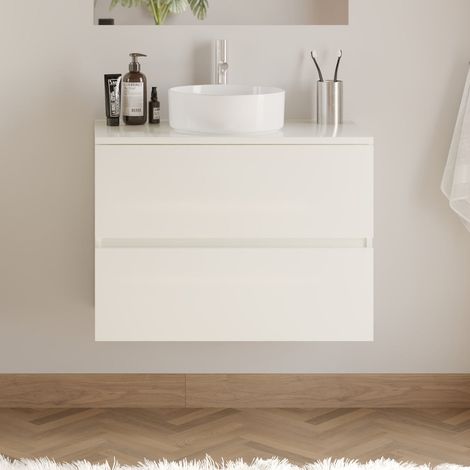 Meuble de salle de bain 60cm avec plateau et vasque à poser ronde - 2 tiroirs - sans miroir - blanc brillant - IDA (1/5)