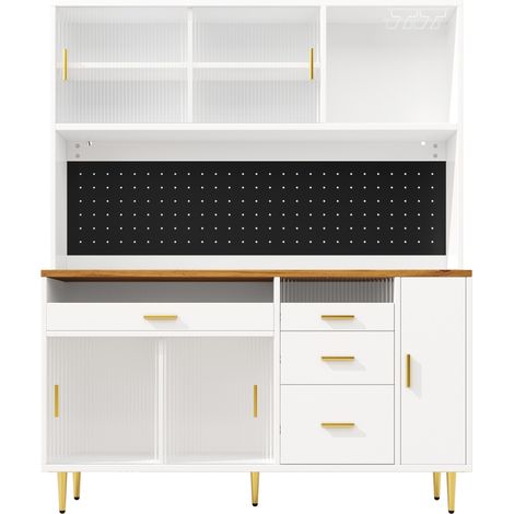 Buffet haut blanc 145 x 39 x 171 cm avec LED et portes coulissantes en verre MODENUIT (1/5)