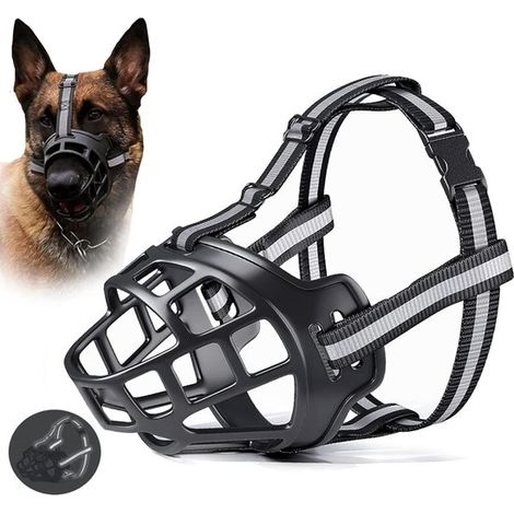 Bozal para perros, Circunferencia de la boca: 21-26 cm, Hocico ajustable de nailon, Bozal transpirable, Con elementos reflectantes, Negro (1/5)