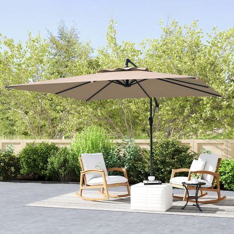 Parasol déporté carré 3 x 3 m avec manivelle, base croisée, parasol inclinable et rotation à 360°, toile 180 g/m² kaki