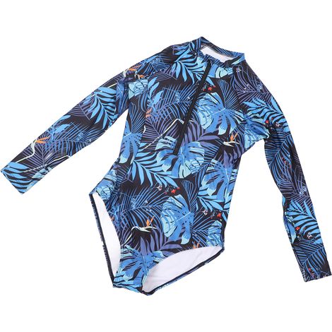 Maillot de bain femme manches longues, motif floral coloré à feuilles, fermeture éclair, style surf, taille XL (1/5)