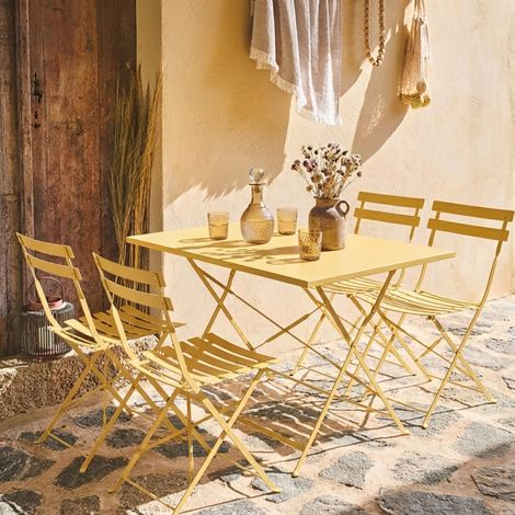 Table de jardin bistrot pliante métal + 4 assises 110 x 70cm. avec quatre chaises pliantes. acier thermolaqué