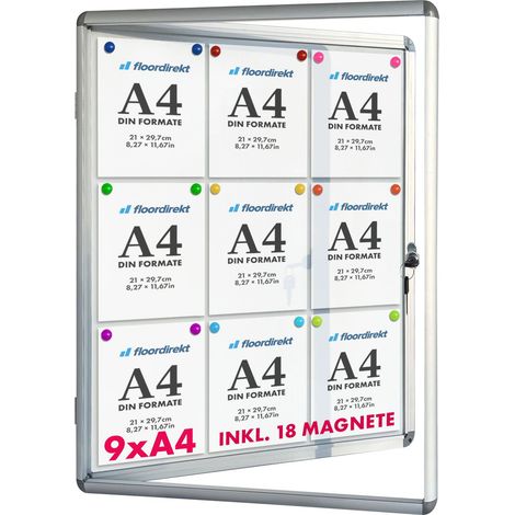 Floordirekt – Tableau d'affichage mural intérieur 70 x 97 cm – Vitrine verrouillable en acrylique – Cadre aluminium anodisé – 9 feuilles A4 avec 18 aimants