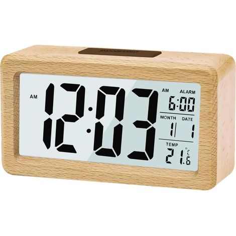 Reloj despertador digital de madera, reloj digital LCD sin tictac, con visualización de fecha y temperatura, función de repetición de alarma, reloj digital para dormitorio, mesita de noche, hogar, ofi (1/5)