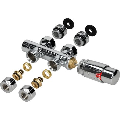ECD Germany Set de Raccordement Thermostatique Chromé Multiblock Forme de Passage avec Tête Thermostatique pour Radiateur Salle Bain, Raccord Central au Bas Compatible Chauffage à Eau Design Élégant (1/3)