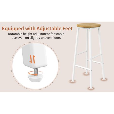 Lot de 2 tabourets de bar blancs, assise MDF effet bois 70 cm, avec pieds réglables et deux repose-pieds pour cuisine et comptoir (1/5)