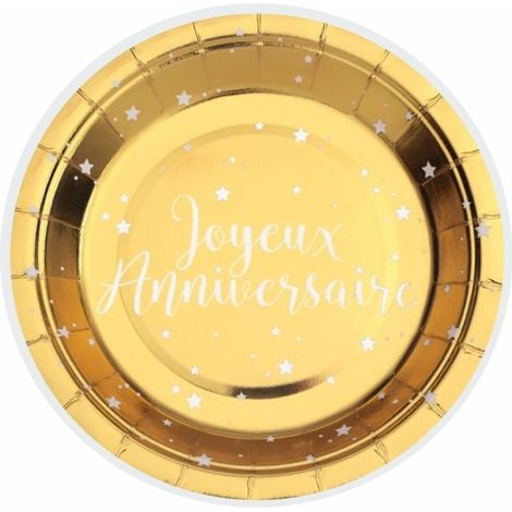 10 assiettes anniversaire, or brillant 17,5 cm, contour blanc, inscription Joyeux Anniversaire, usage festif