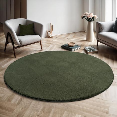Tapis Moderne Moelleux à Poils Courts, antidérapant, Lavable Jusqu’à 30°C, Super Doux, Aspect Fourrure, pour Salon et Chambre, décoratif, Vert, 160 cm Rond (1/5)