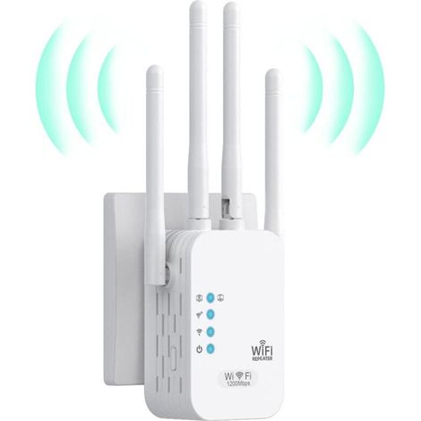 Repeteur WiFi Puissant, Amplificateur WiFi 1200Mbps Double Bande 5GHz/2.4GHz, Répéteur WiFi 4 Antennes, 2 Ports LAN, WiFi Extender Compatible avec Toutes Les Box Internet (1/5)