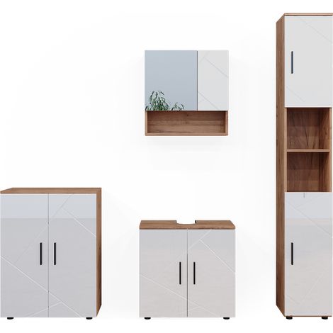 Ensemble de meubles de salle de bain Irma, Blanc brillant/Chêne doré, 4 pièces, avec armoire haute et commode, Vicco (1/5)