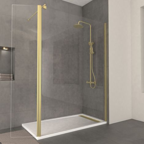 Mampara de Ducha Transparente con Deflector 140+40x200cm - Perfil + Barra Extensible Oro Dorado