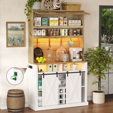 MEUBLIV Buffet haut de cuisine 110x40x191 cm blanc et décor bois – LED, vitrine et range-bouteilles (1/5)
