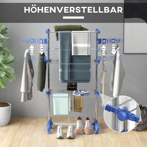 Sèche-linge pliable 4 étagères, système de pliage instantané, 142 x 55 x 152 cm, bleu et argent (1/4)