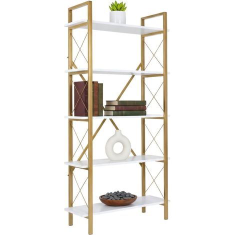 Dmora - Bücherregal Martone, Büroregal, Mobiler Buchhalter, Bücherbrett, 90x34 h180 cm, Weiß und Gold