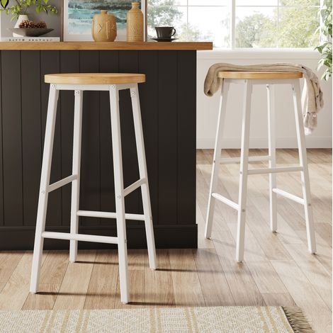 Set de 2 tabourets de bar 30 x 30 x 63 cm, blancs avec assise effet bois (1/5)