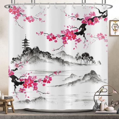 Cortina de ducha con estampado de flores de cerezo en acuarela, 180x180 cm, estilo japonés, diseño de montaña rosa, poliéster lavable.