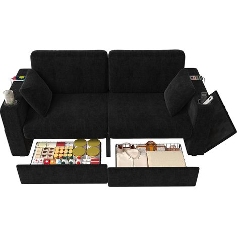 ELVMI Canapé Droit 2 Places avec Tiroirs de Rangement, Porte-gobelets, Poches Latérales et USB, en Chenille, Noir (1/5)