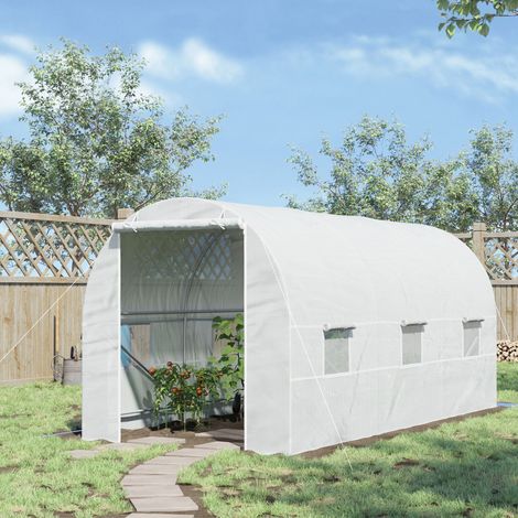 Serre potager tunnel 4,5x2x2m - pour plantes légumes - porte roulante - cadre métallique - bâche polyéthylène - 6 fenêtres - blanc