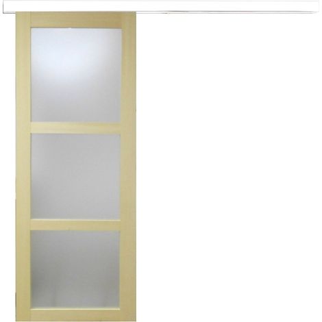 Puerta corredera de madera Ayous con cristal H204 x L93 cm, riel de aluminio con banda blanca, GD MENUISERIES