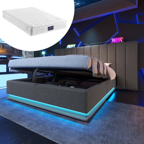 Lit rembourré 160x200, lit double avec rangement, éclairage LED contrôlé par application et fonction de chargement USB-C, cadre de lit à lattes, lin, gris, avec matelas, sans table de chevet