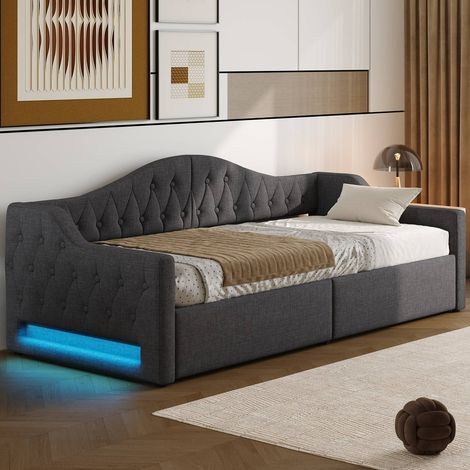 Lit capitonné 90x200 cm gris ceinture LED rangement intégré (1/5)