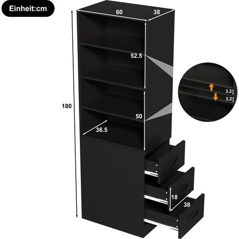 Étagère slim en bois noir 78,5 x 66,5 x 12,5 cm avec tiroirs latéraux et étagères ajustables HOMAIRE (1/5)