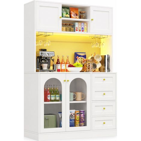 Buffet cuisine blanc 120 x 40 x 188 cm avec LED, portes en verre strié, grands rangements, tiroirs et anti-basculement, style moderne - CHICFURN (1/5)