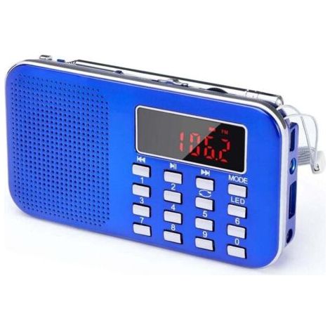 J-908 Poste Radio Portable AM/FM, Petite Radio Portable Rechargeable avec Batterie Rechargeable de 1200mAh, TransistorRadio avec éClairage de Secours, Mini USB/SD/AUX (Bleu) (1/4)