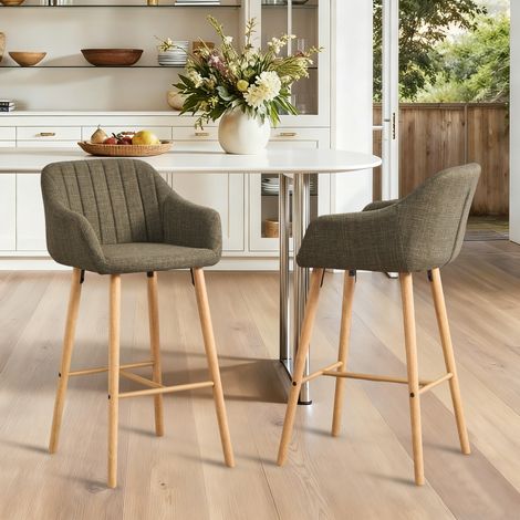 Lot de 2 tabourets de bar dossier haut avec accoudoirs, pieds bois, adaptées à la cuisine/salle à manger, 58,5x55x104 cm, lin vert (1/5)